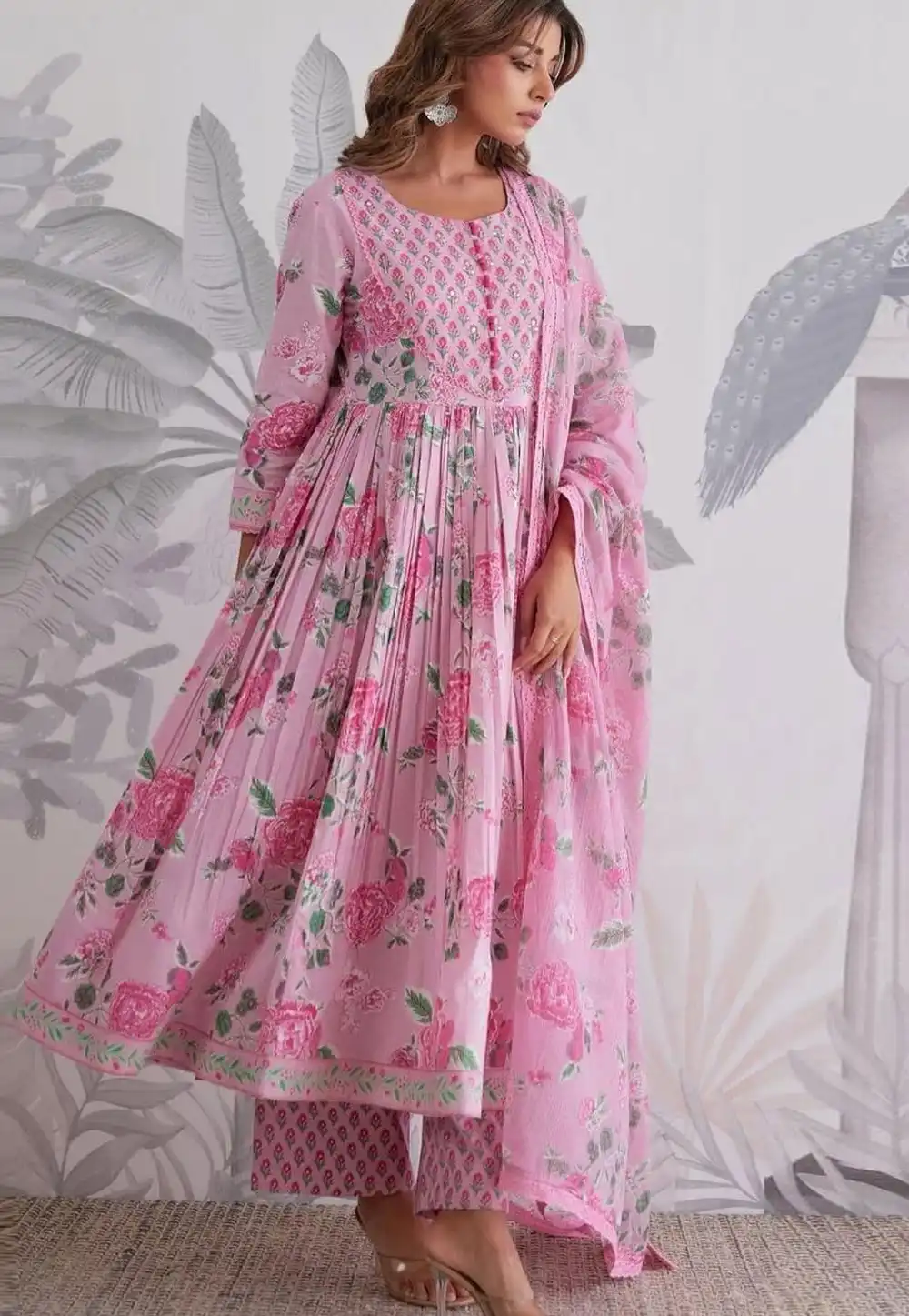 Pink Cotton Readymade Anarkali Suit 329640