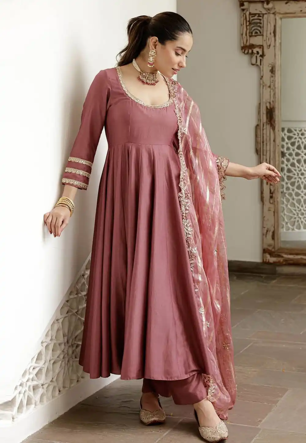 Pink Cotton Readymade Anarkali Suit 316028