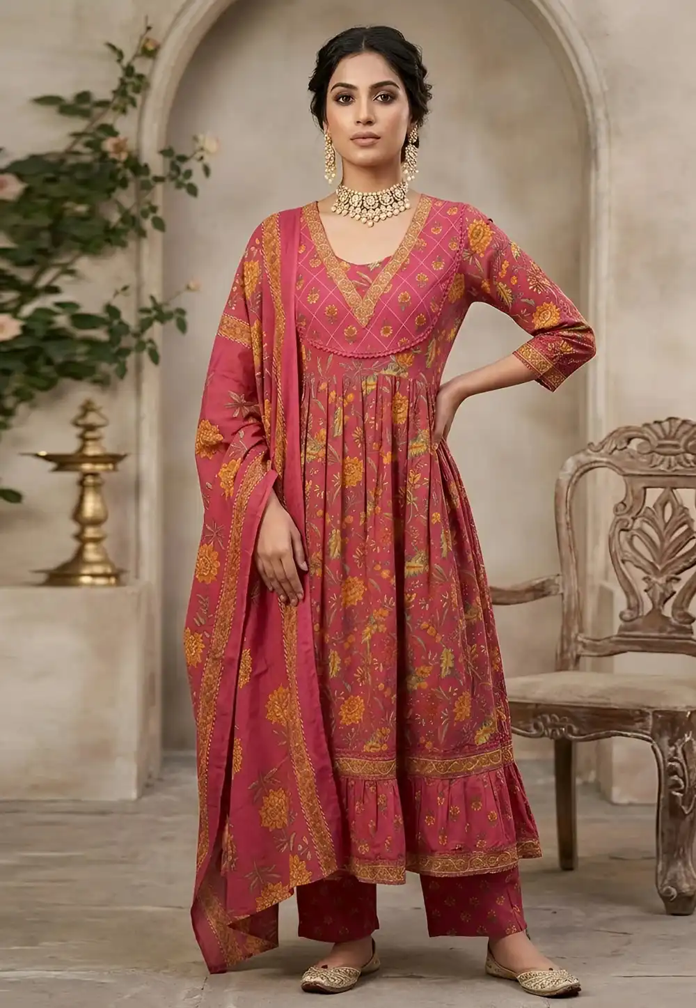 Pink Cotton Readymade Anarkali Suit 326789