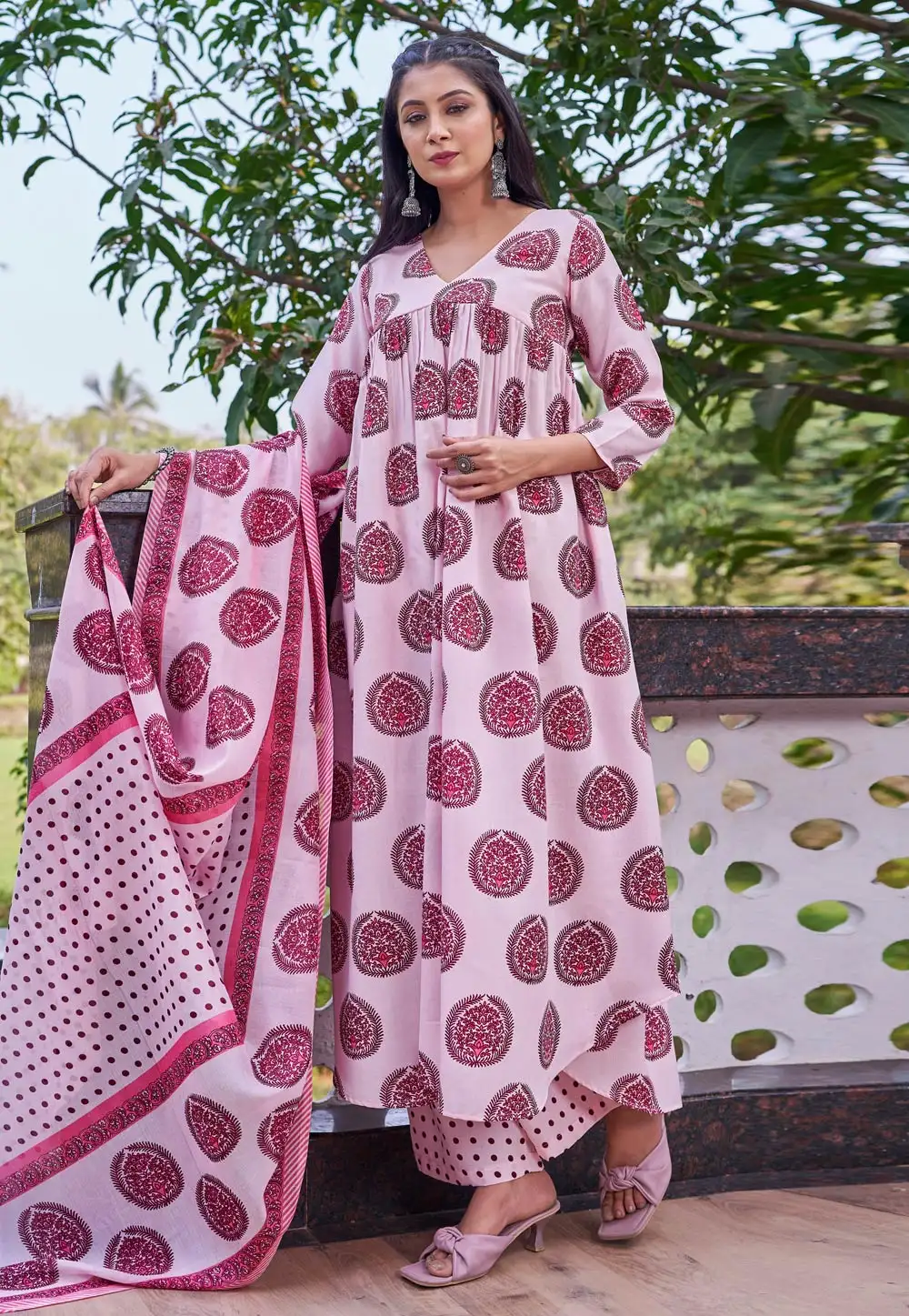 Pink Cotton Readymade Anarkali Suit 330847