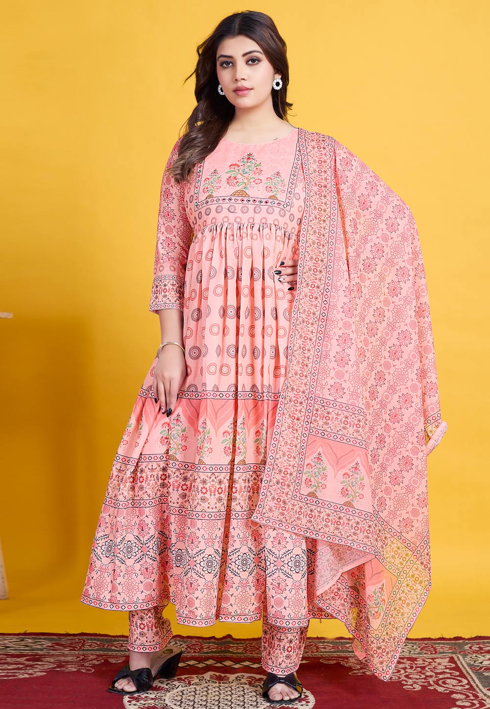 Pink Cotton Readymade Anarkali Suit 307045