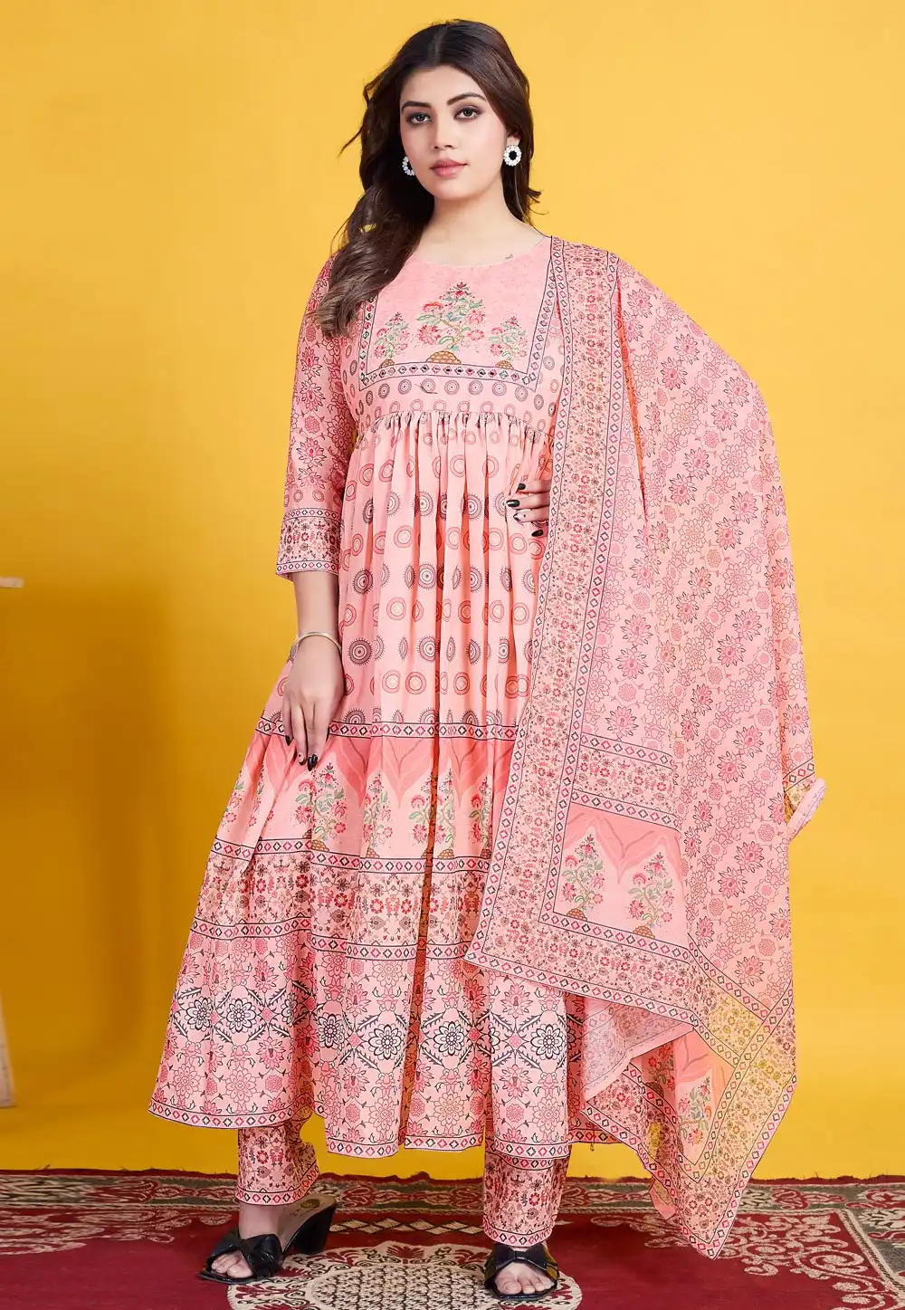 Pink Cotton Readymade Anarkali Suit 307045