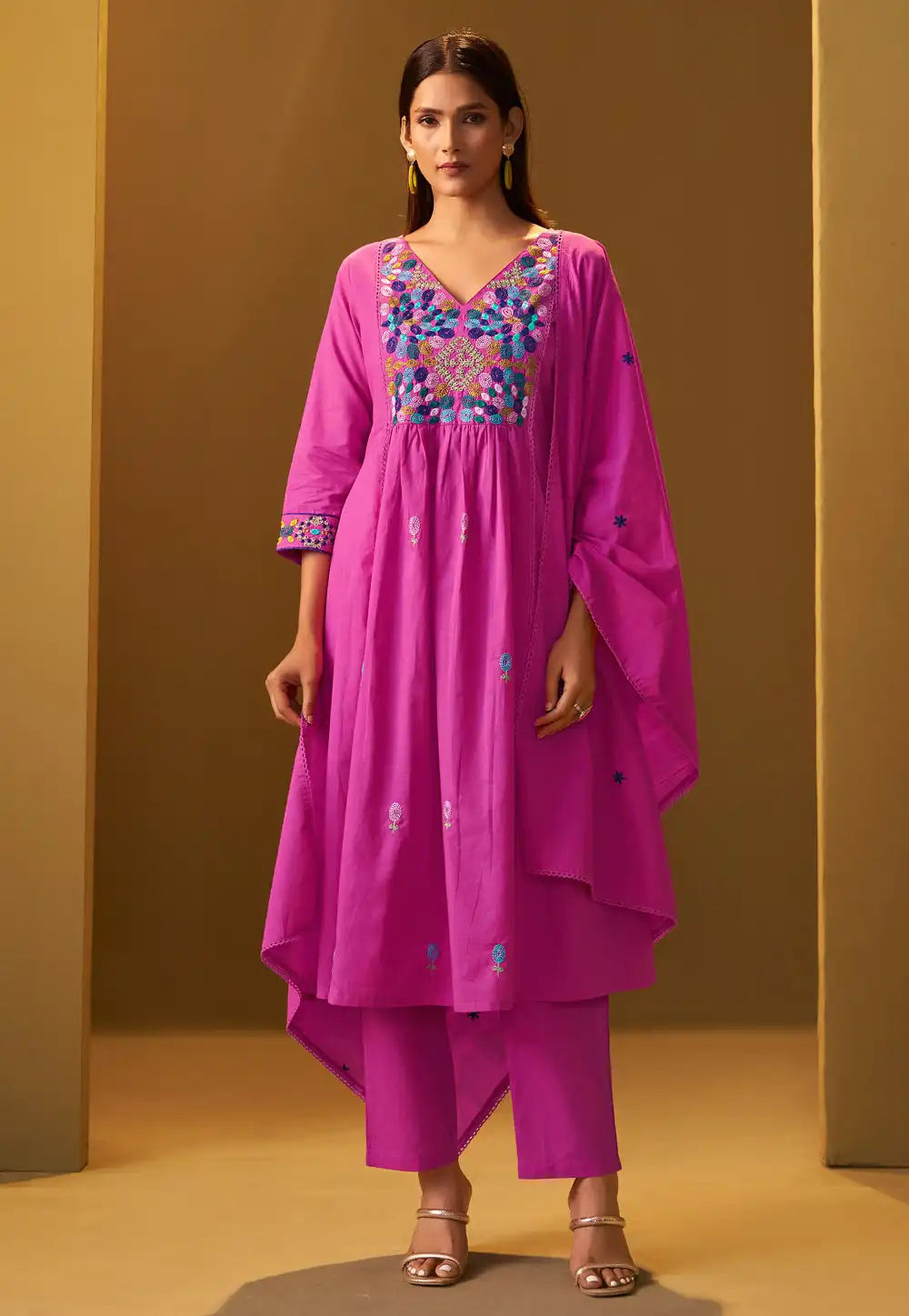Pink Cotton Readymade Anarkali Suit 321862
