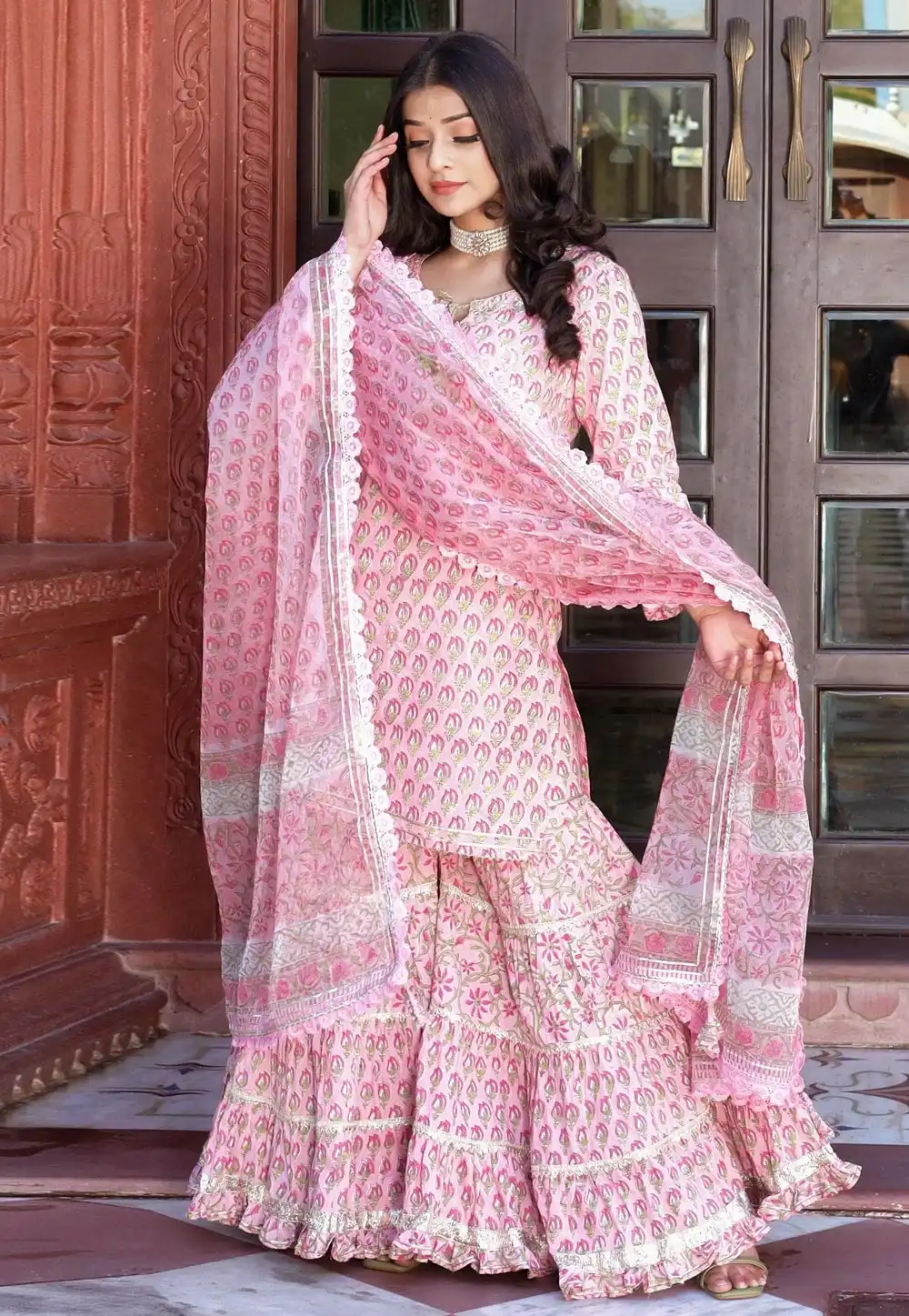 Pink Cotton Readymade Gharara Suit 318978