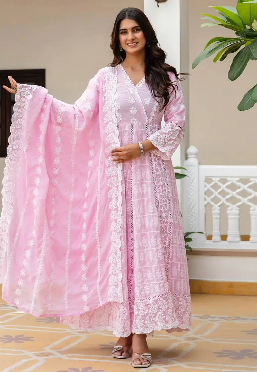 Pink Cotton Readymade Long Anarkali Suit 331196