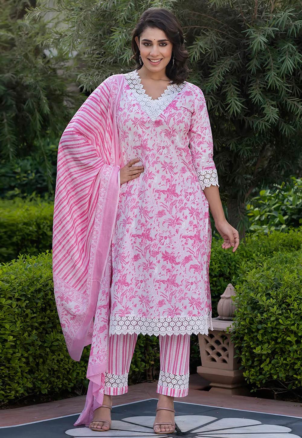 Pink Cotton Readymade Pakistani Suit 308061