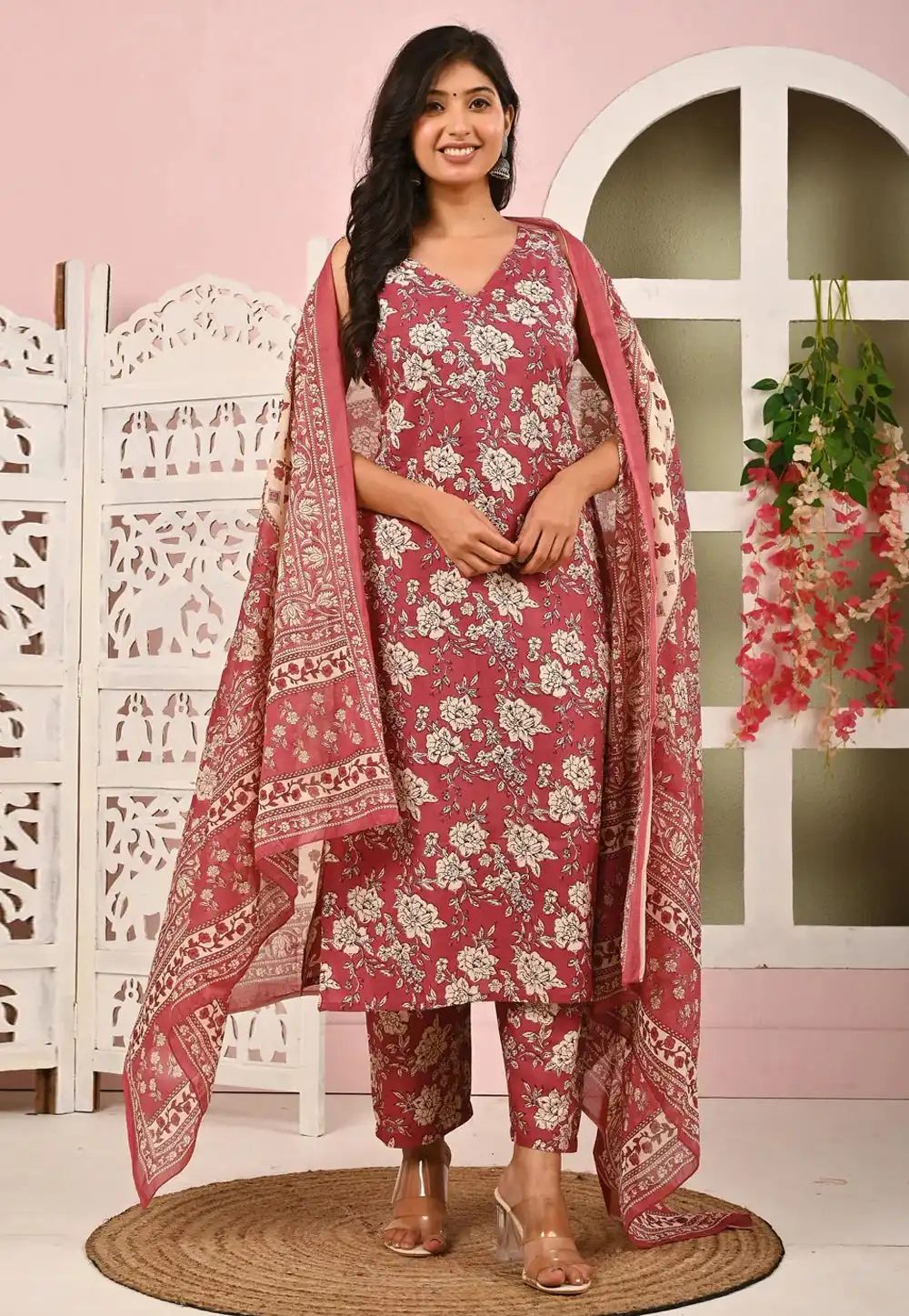 Pink Cotton Readymade Pakistani Suit 314837