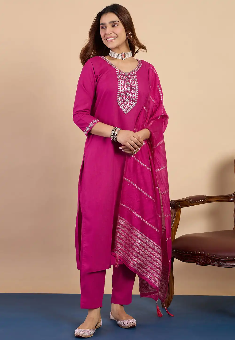 Pink Cotton Readymade Pakistani Suit 328307
