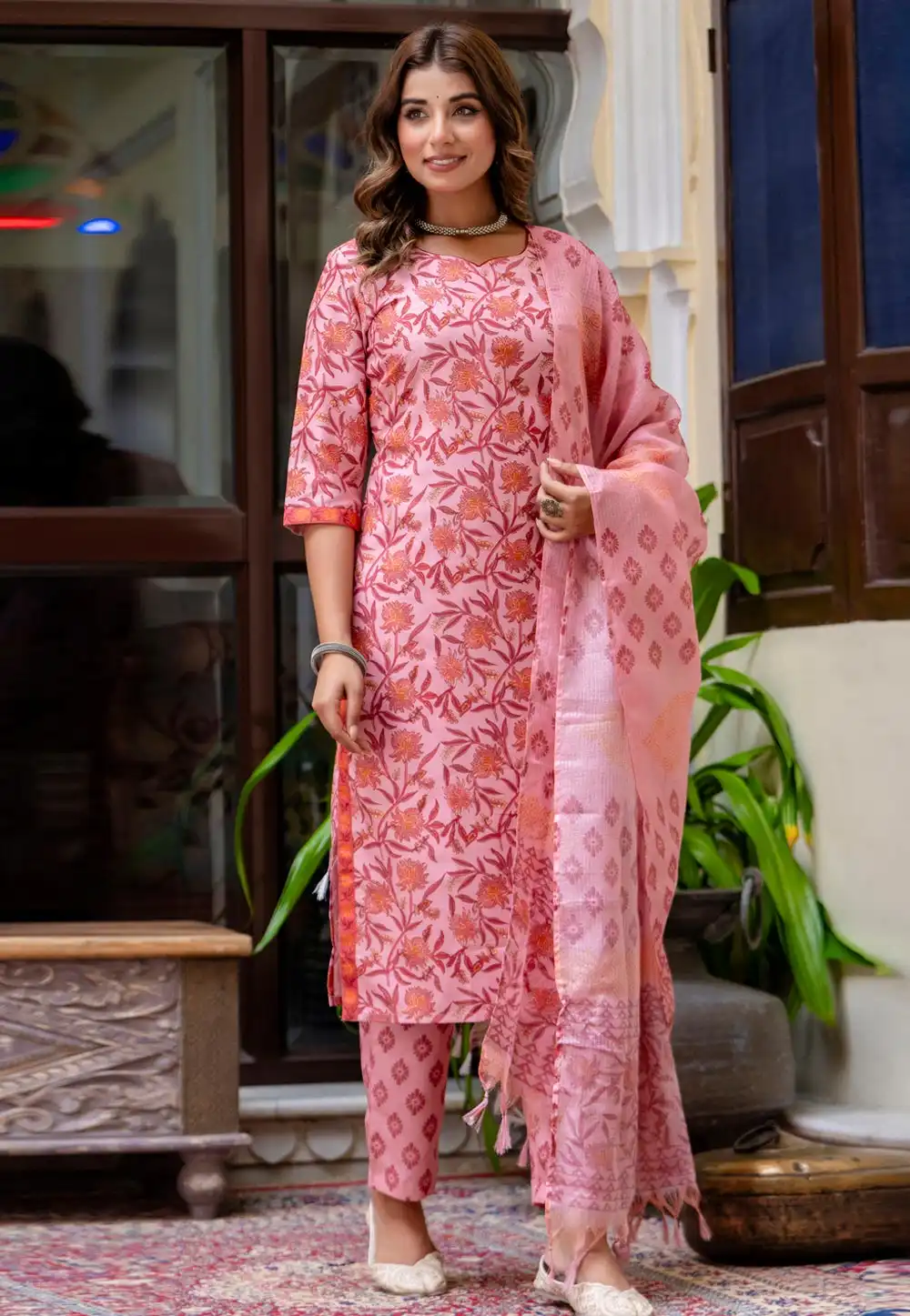 Pink Cotton Readymade Pakistani Suit 326248
