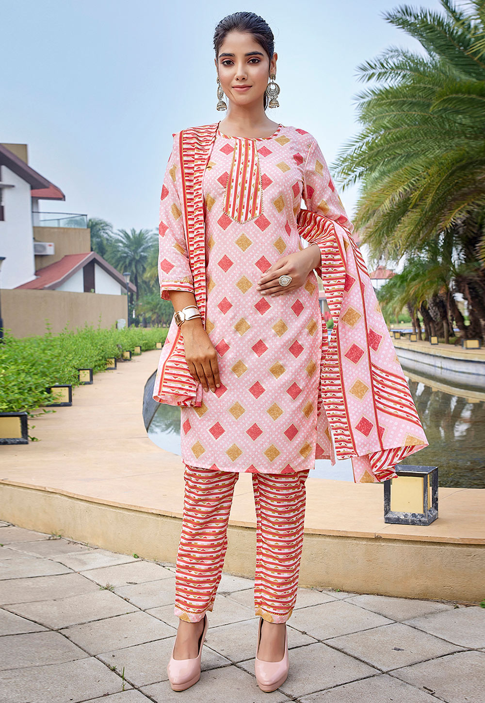 Pink Cotton Readymade Pakistani Suit 308140