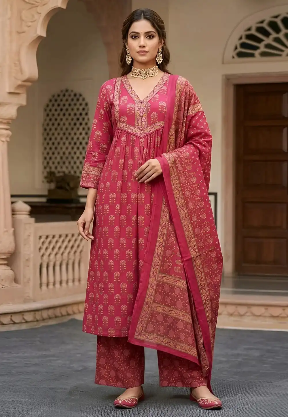 Pink Cotton Readymade Palazzo Suit 326210