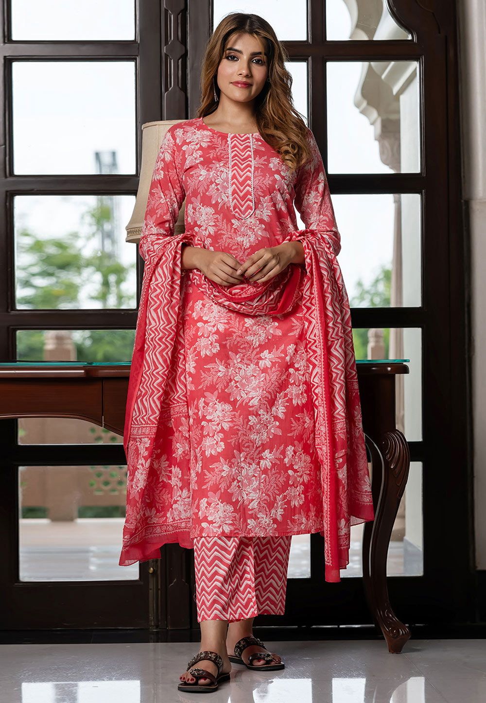Pink Cotton Readymade Pant Style Suit 319552