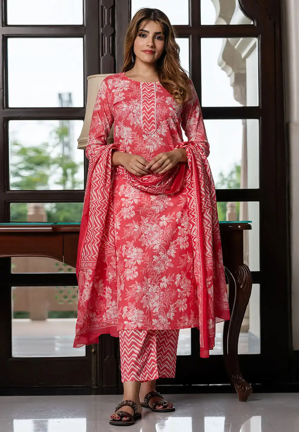 Pink Cotton Readymade Pant Style Suit 319552