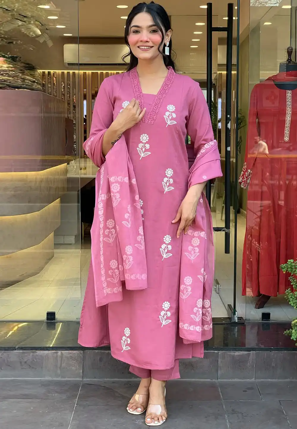 Pink Cotton Readymade Pant Style Suit 315994