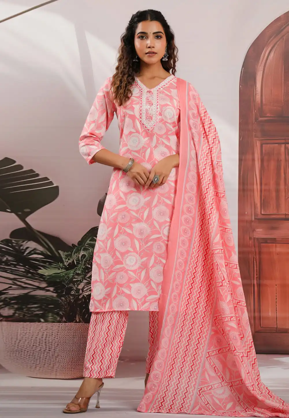 Pink Cotton Readymade Pant Style Suit 323778