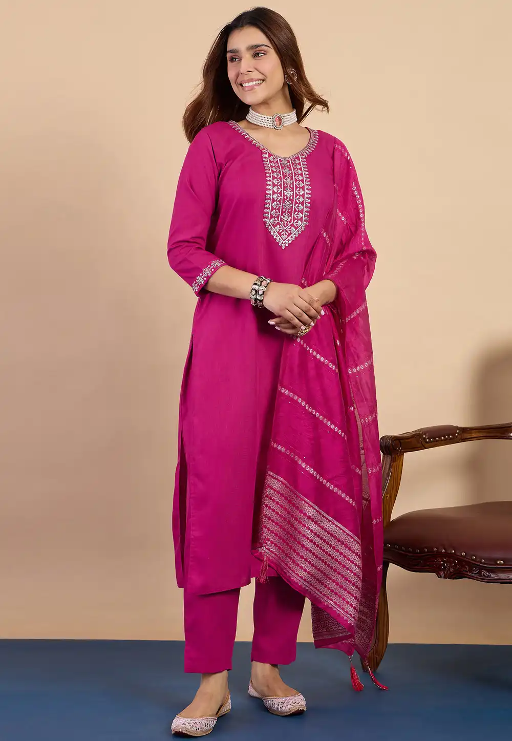 Pink Cotton Readymade Pant Style Suit 328773