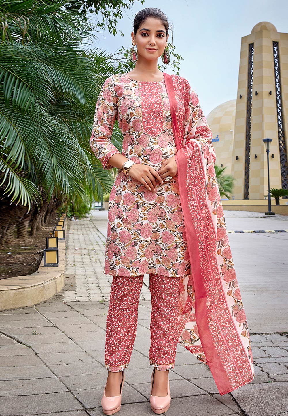 Pink Cotton Readymade Pant Style Suit 308141