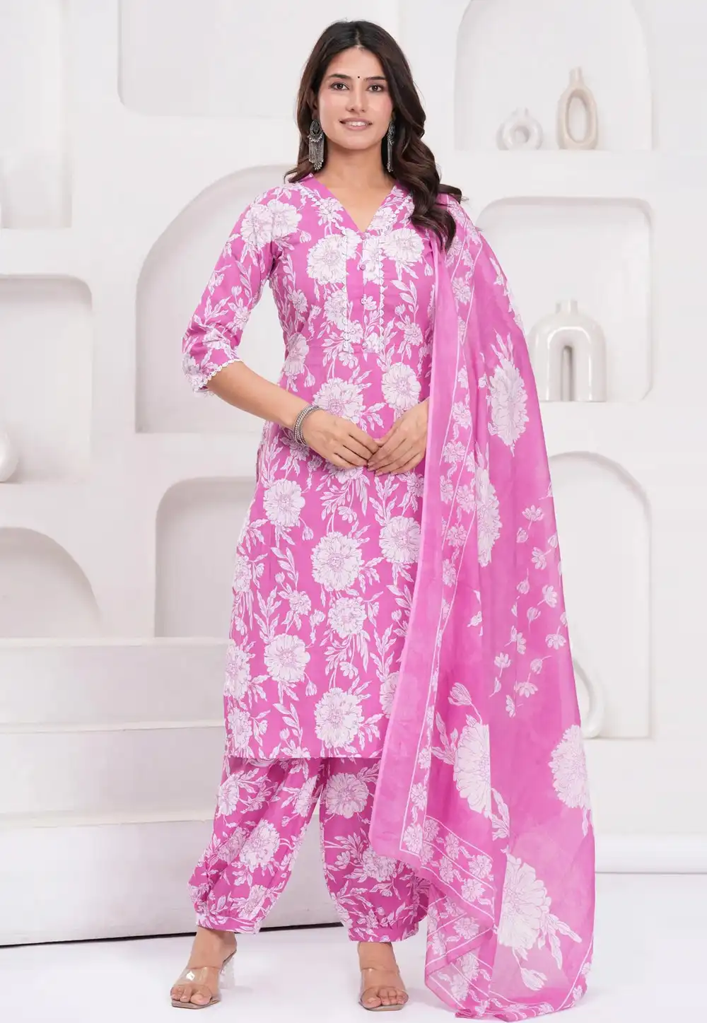 Pink Cotton Readymade Patiala Suit 314840