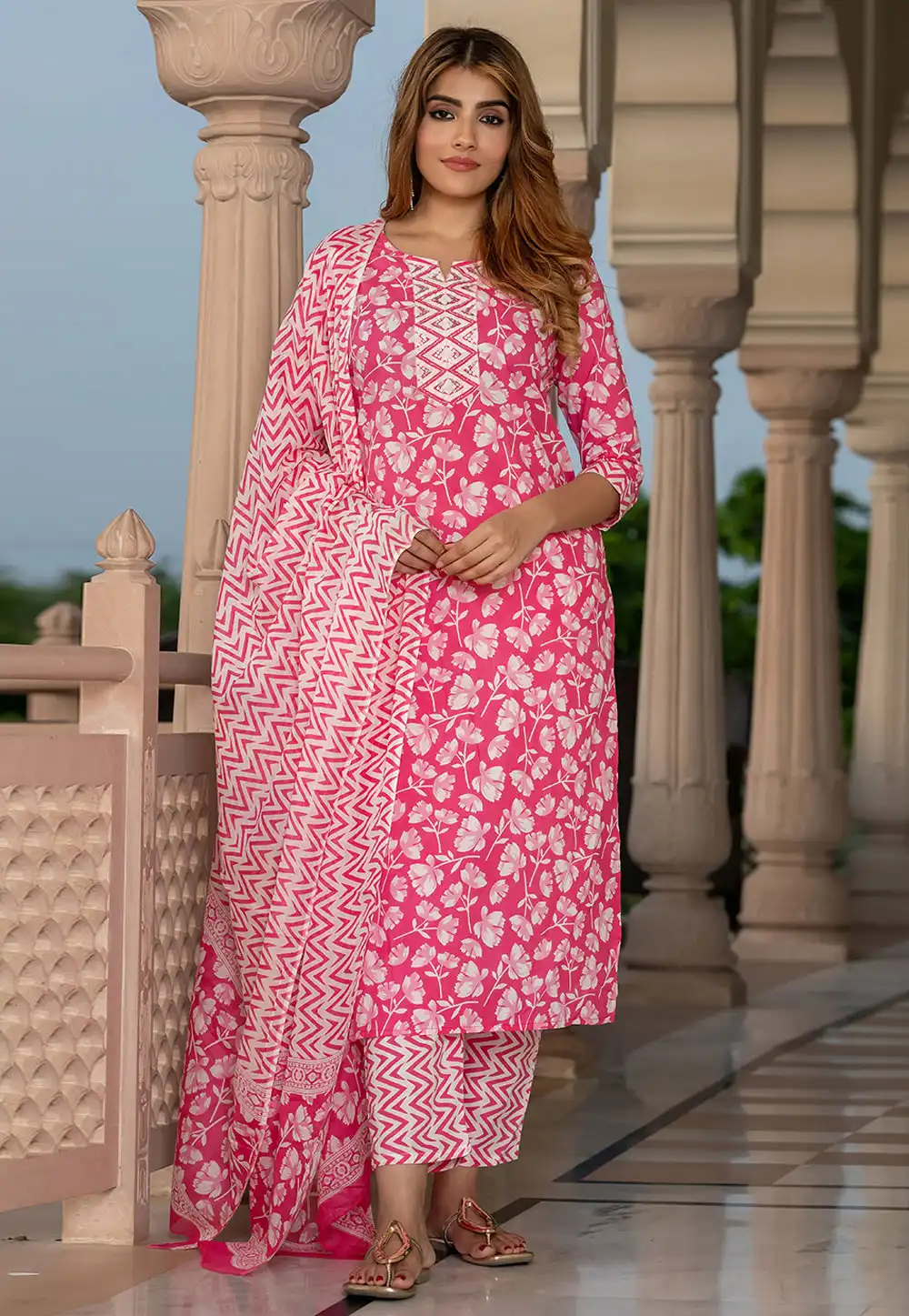 Pink Cotton Readymade Straight Suit 319541
