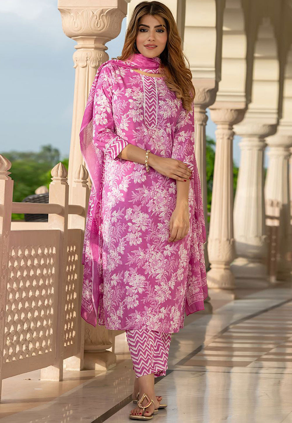 Pink Cotton Readymade Straight Suit 319546