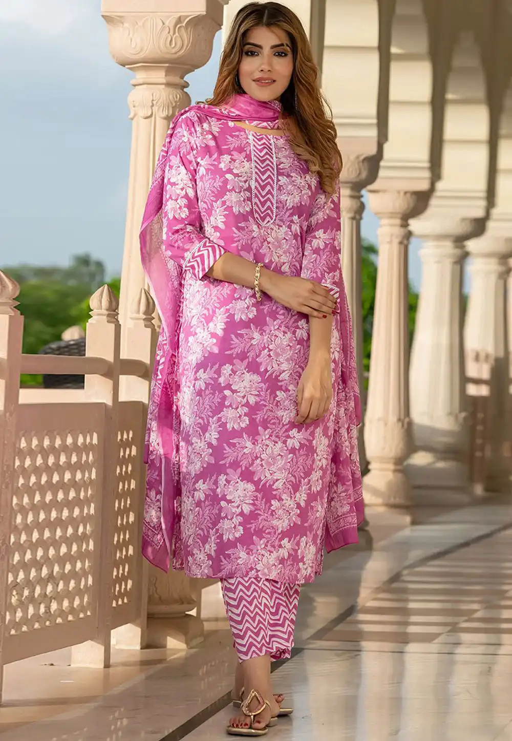 Pink Cotton Readymade Straight Suit 319546