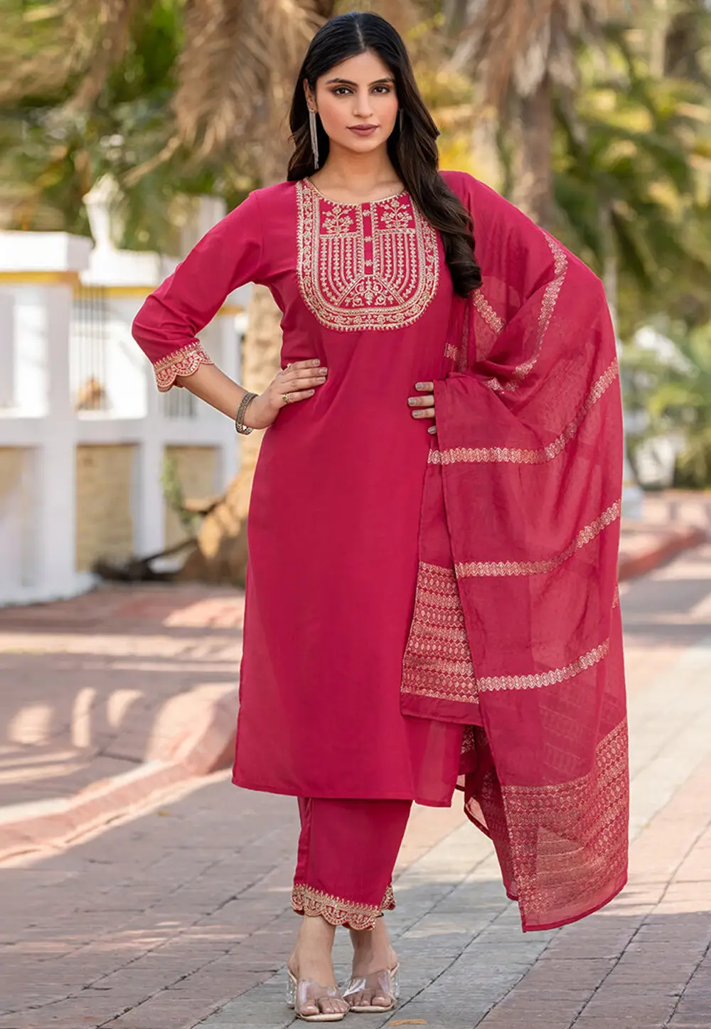 Pink Cotton Readymade Straight Suit 334181