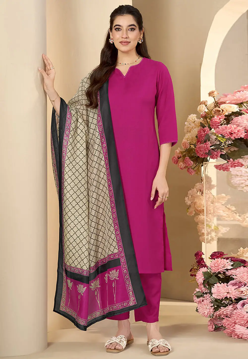 Pink Cotton Readymade Straight Suit 334211