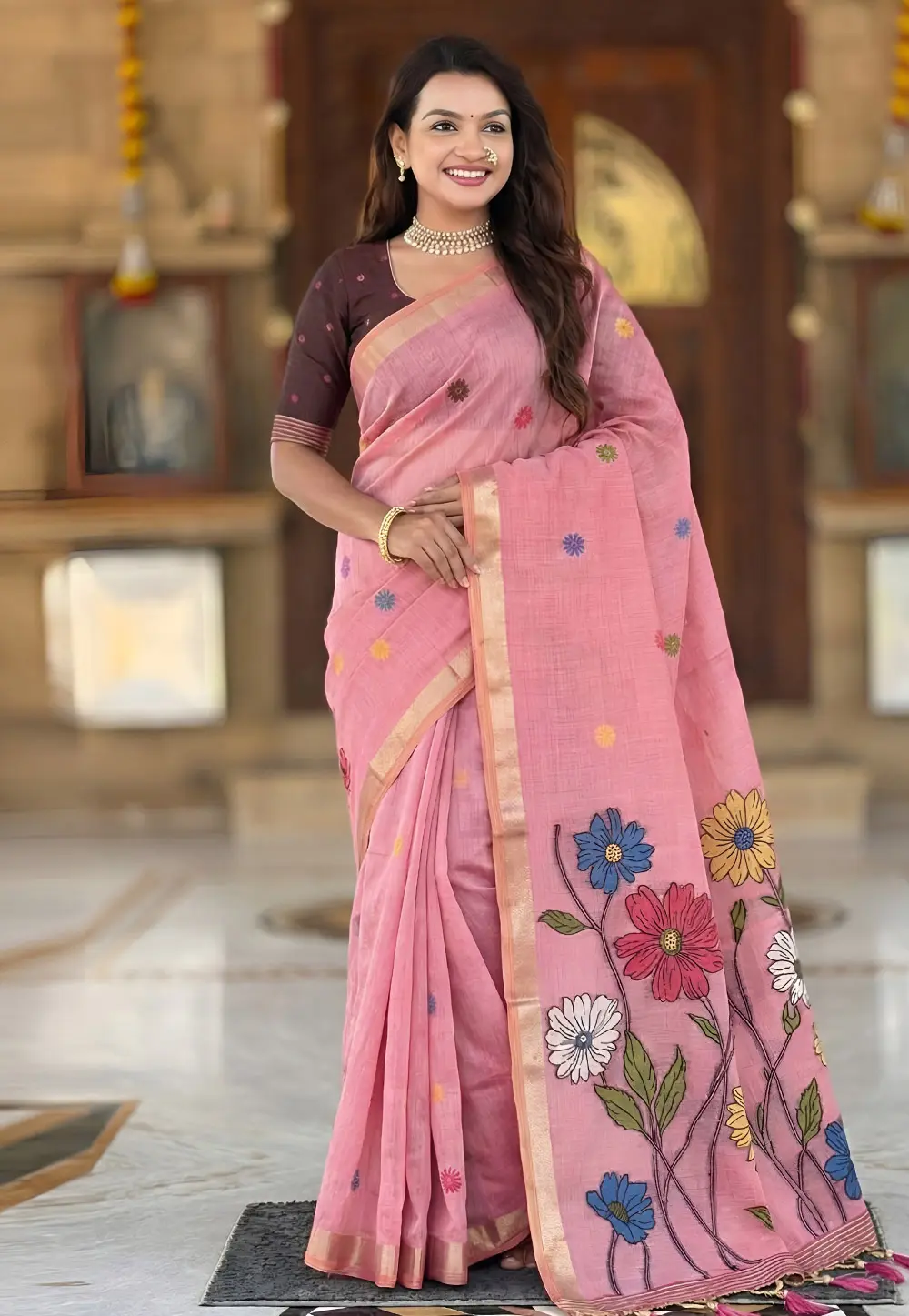 Pink Cotton Saree With Blouse 331404