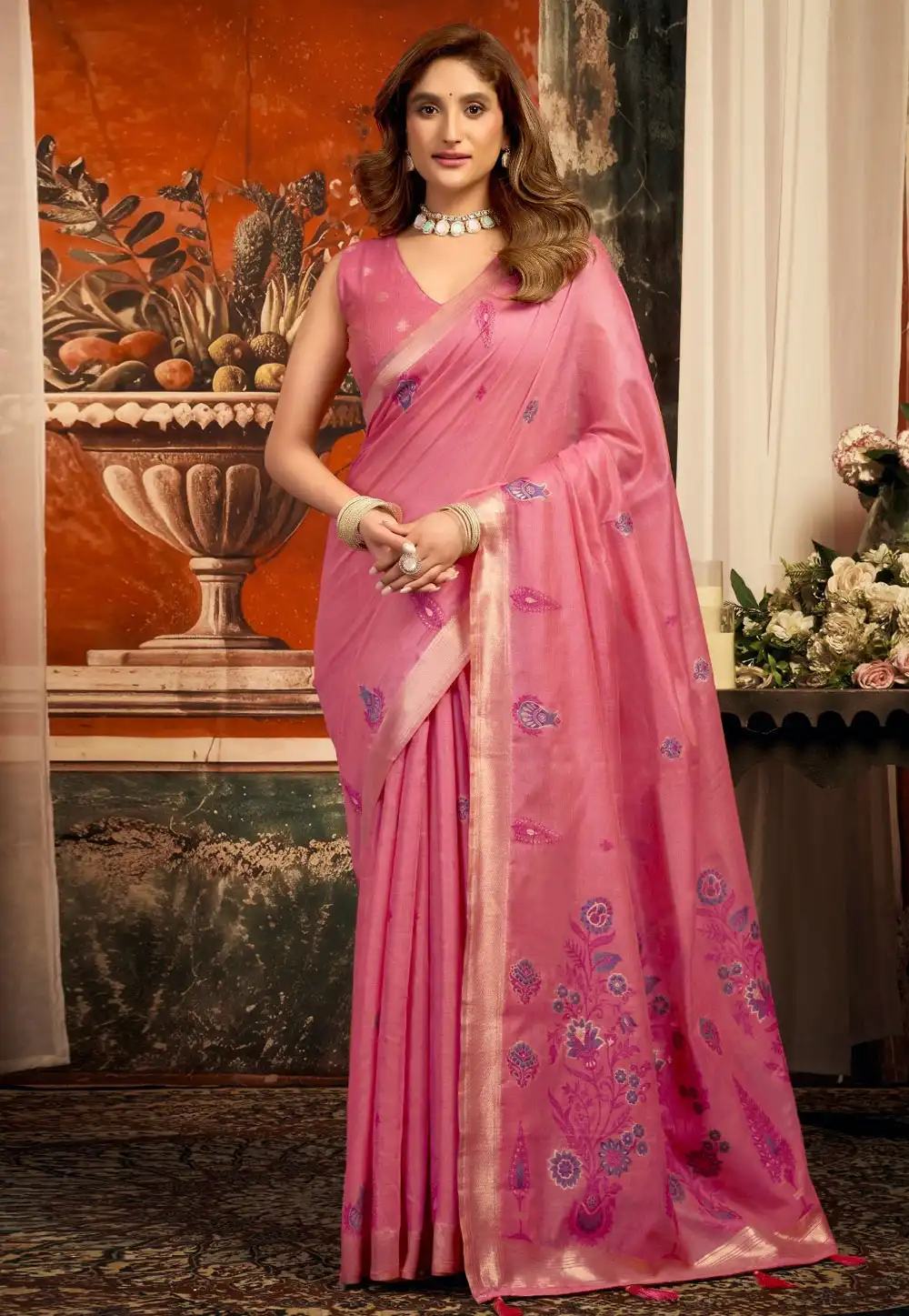 Pink Cotton Saree With Blouse 327879