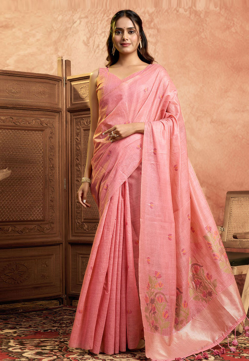 Pink Cotton Saree With Blouse 312511
