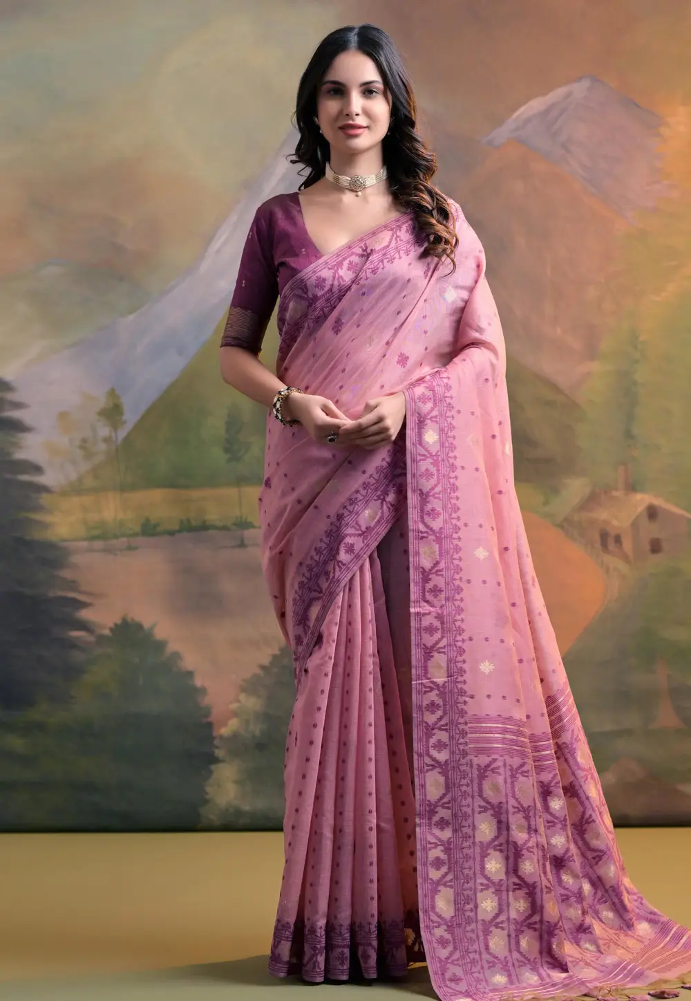 Pink Cotton Saree With Blouse 336603
