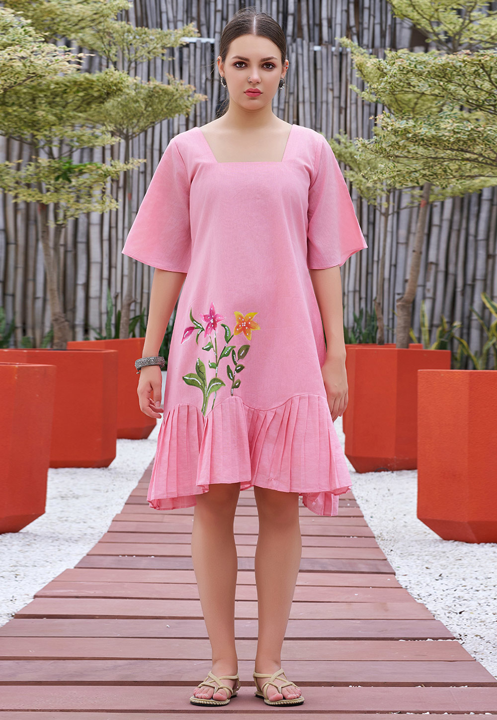 Pink Cotton Short Kurti 308095
