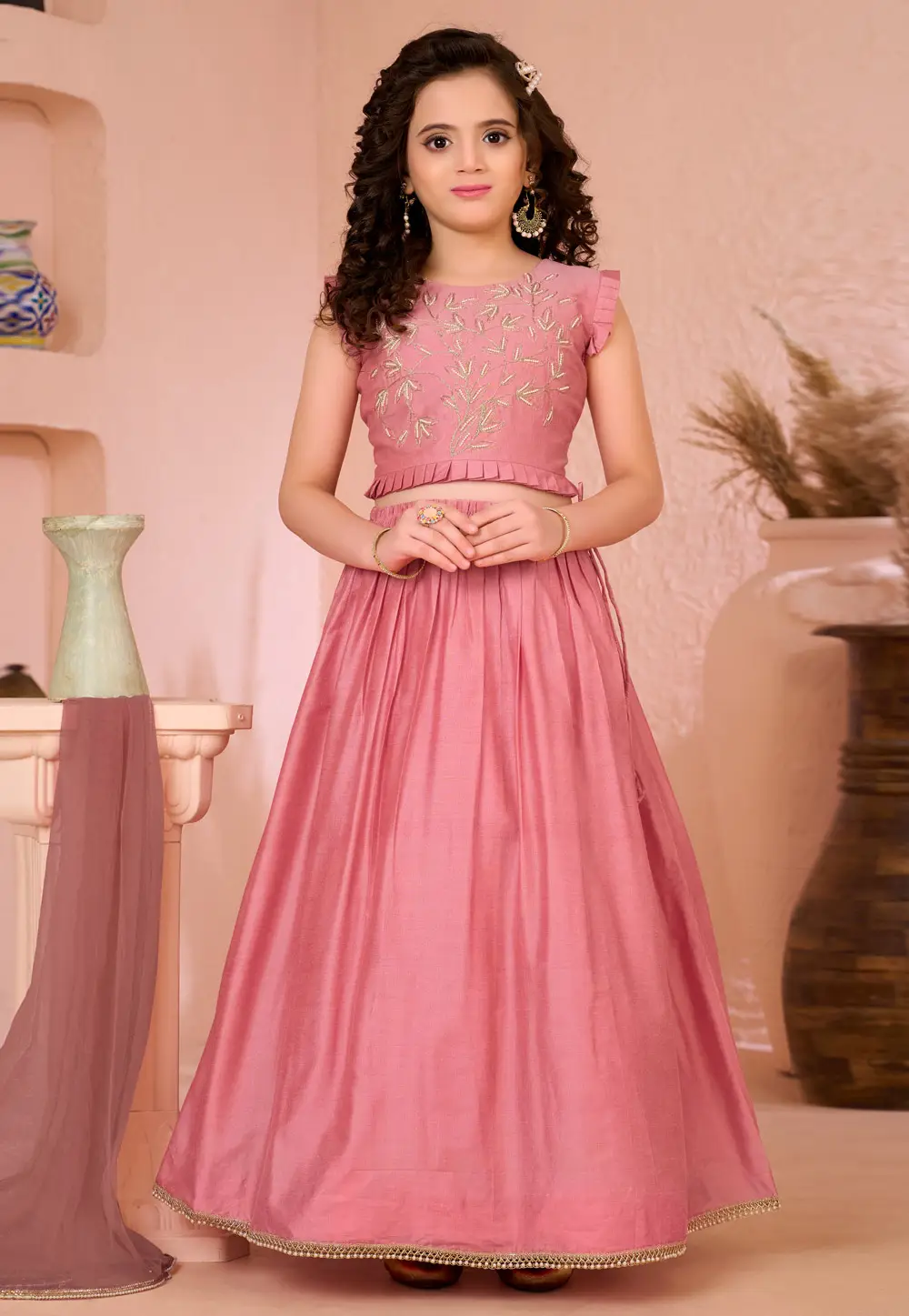 Pink Cotton Silk Kids Lehenga Choli 334330