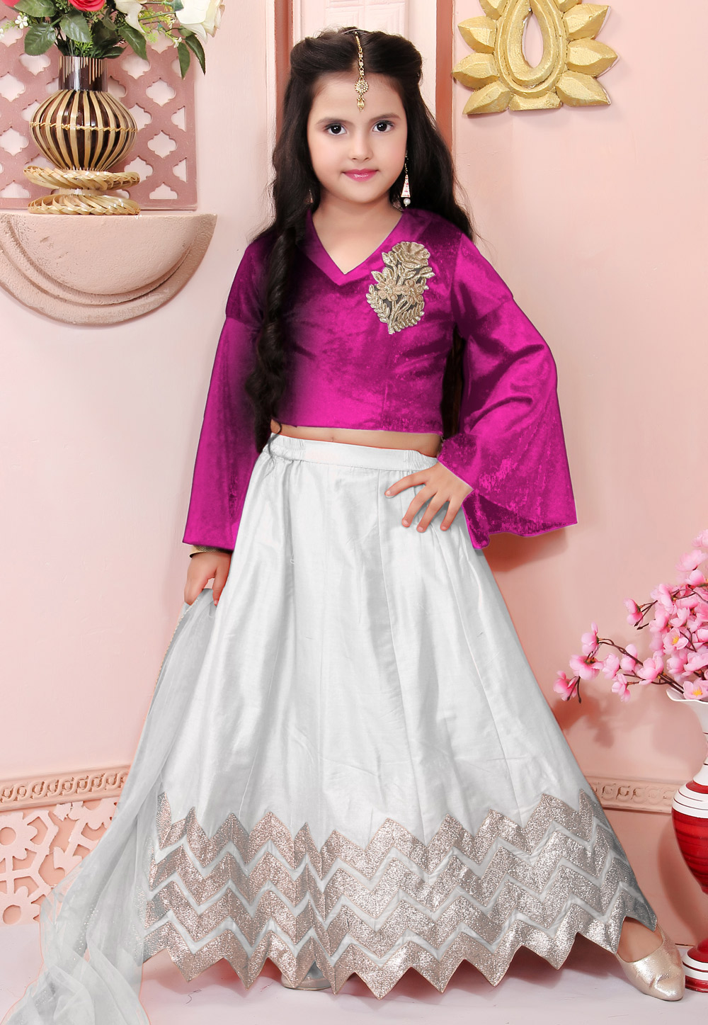 Pink Cotton Silk Kids Lehenga Choli 312261