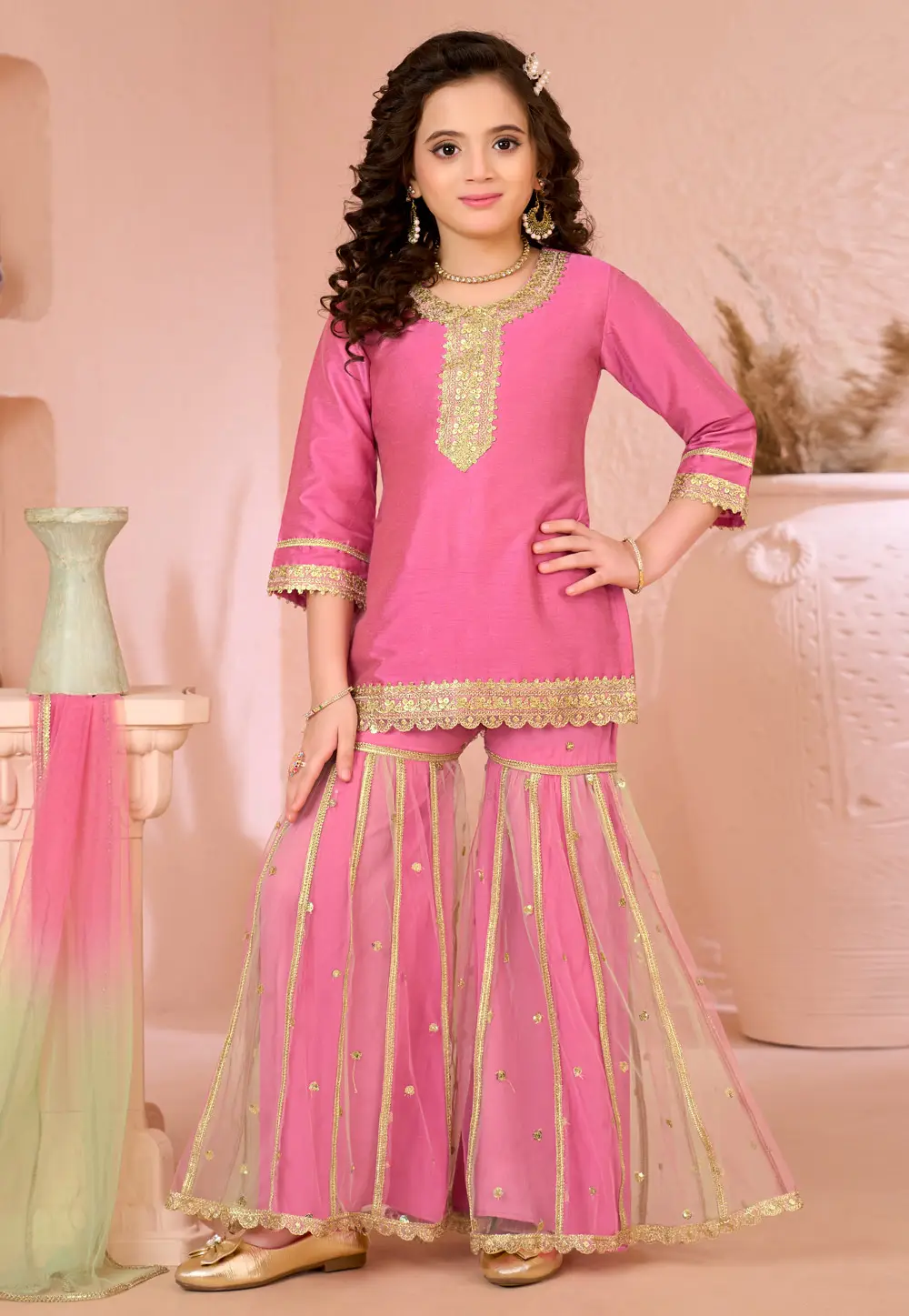 Pink Cotton Silk Kids Sharara Suit 334331