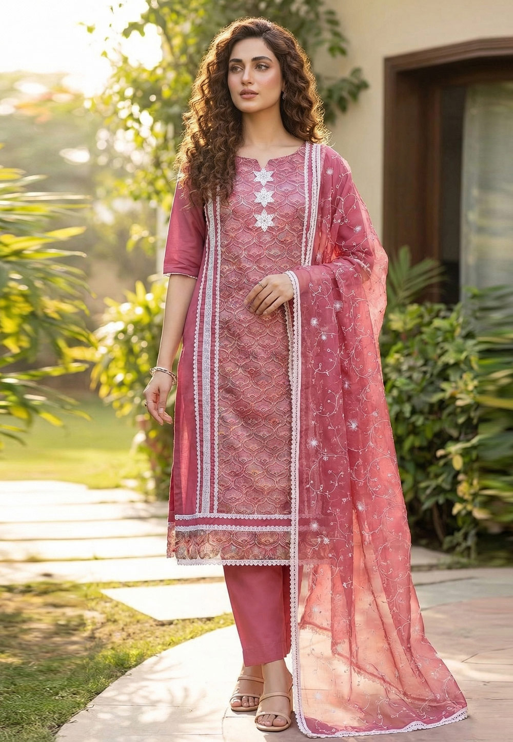Pink Cotton Silk Pant Style Suit 326484
