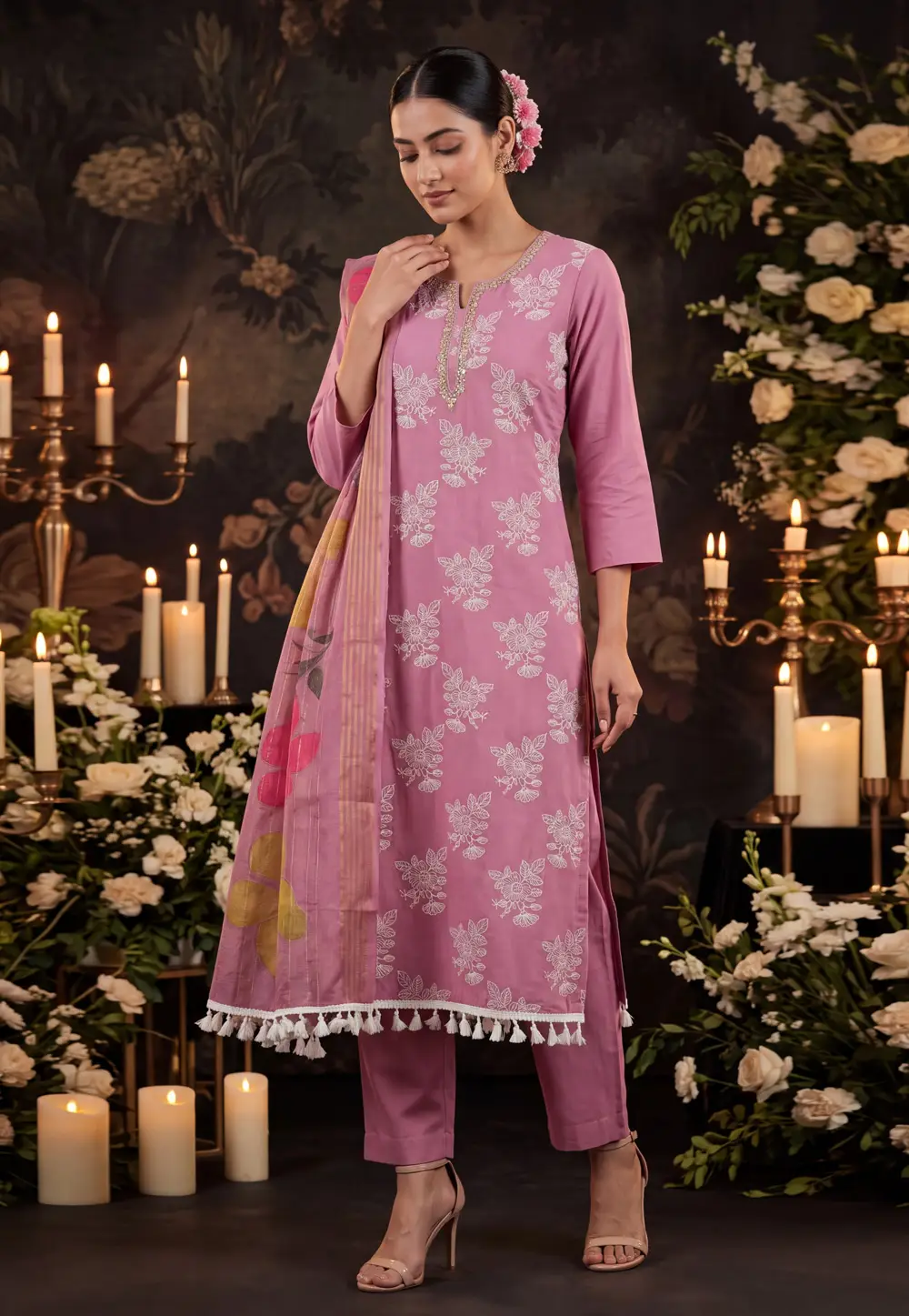 Pink Cotton Silk Pant Style Suit 336371