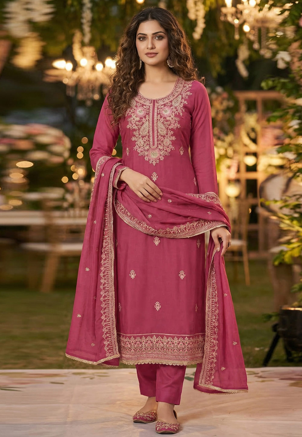 Pink Cotton Silk Straight Suit 326354