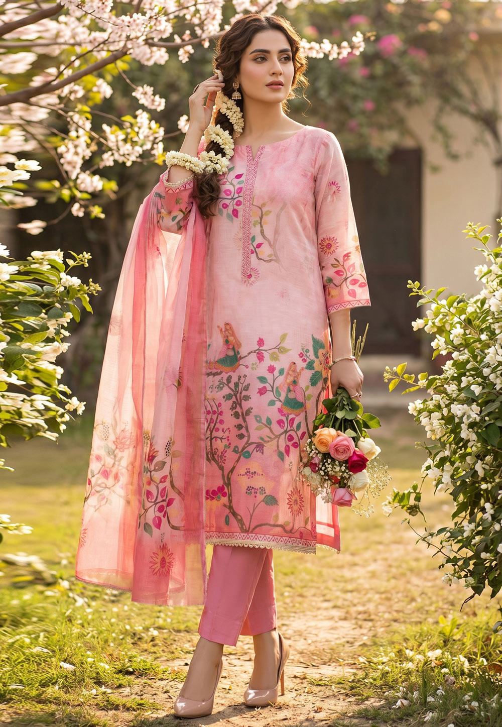 Pink Cotton Straight Suit 327466