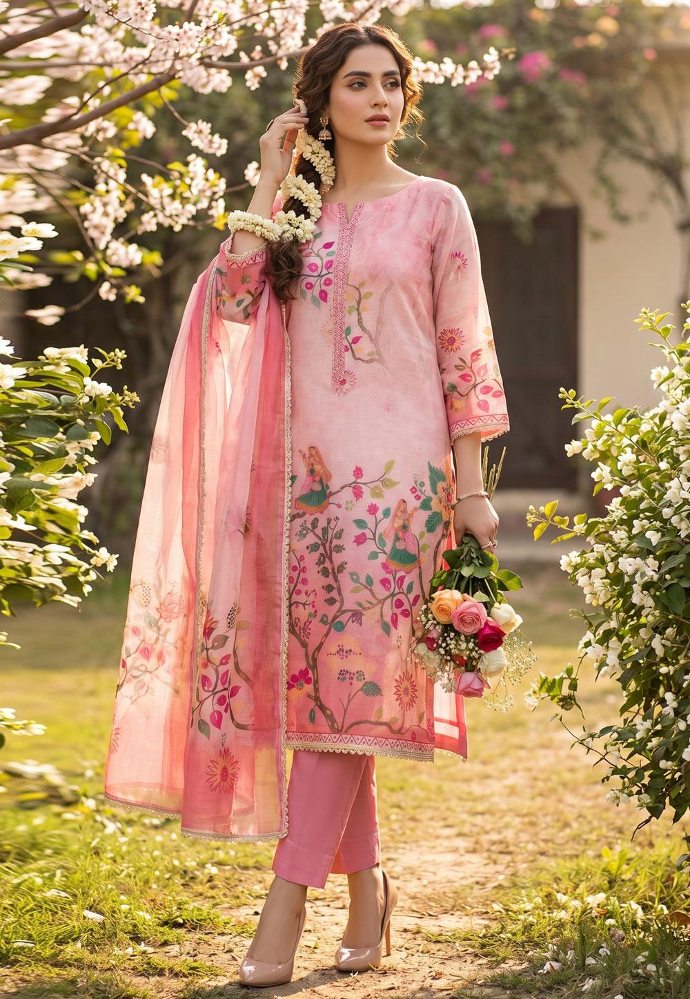 Pink Cotton Straight Suit 327466