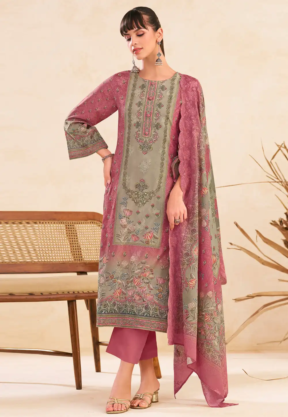 Pink Cotton Straight Suit 327938