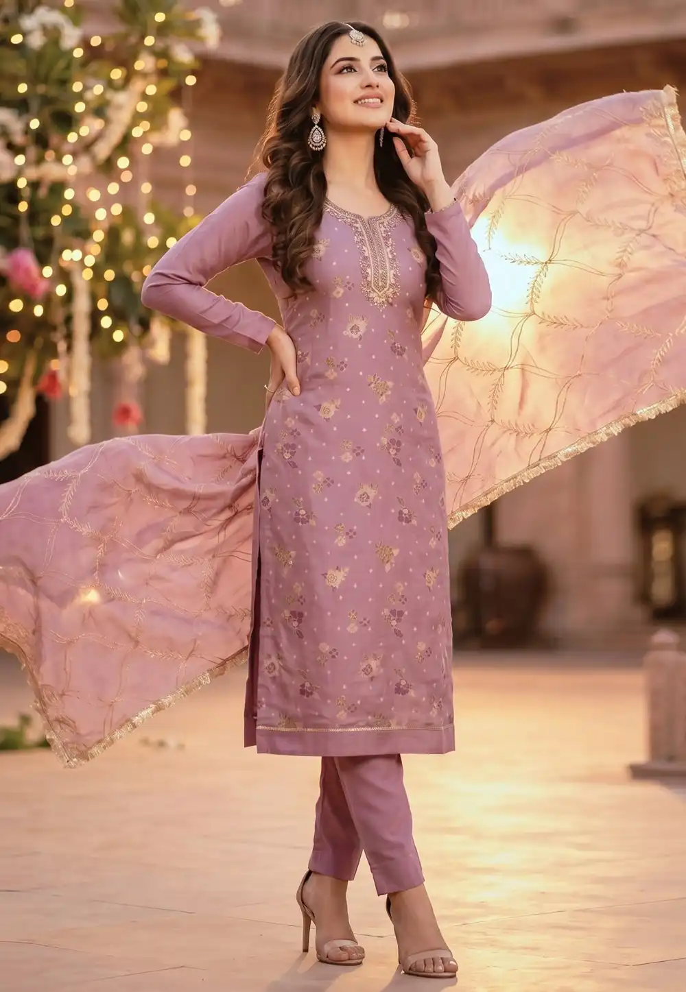 Pink Cotton Straight Suit 328381