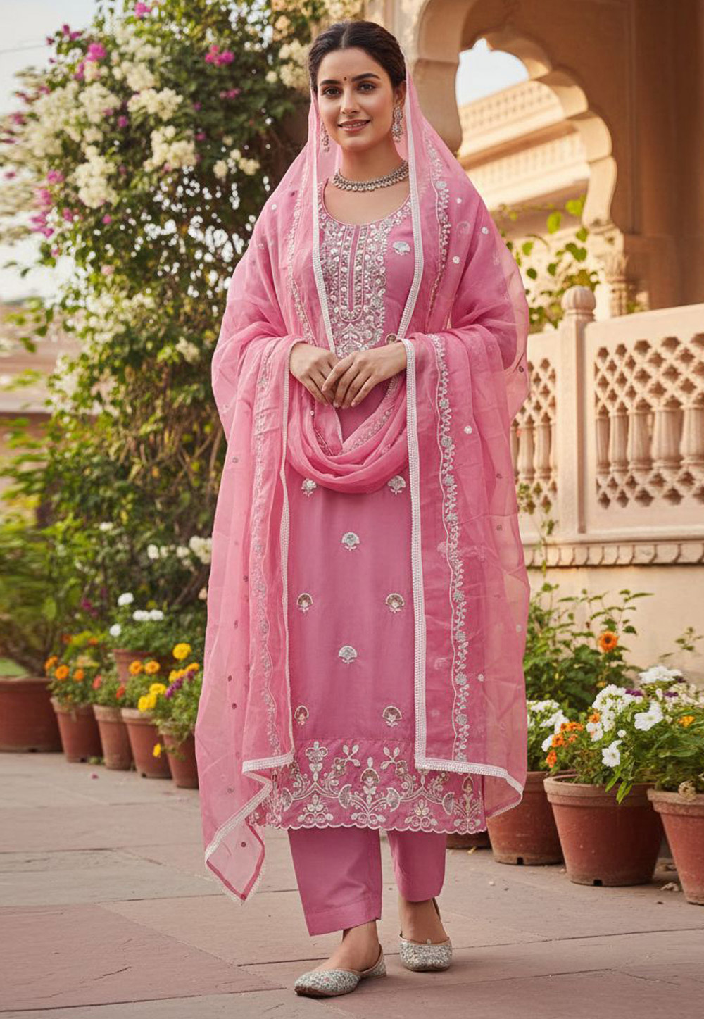 Pink Cotton Straight Suit 324135