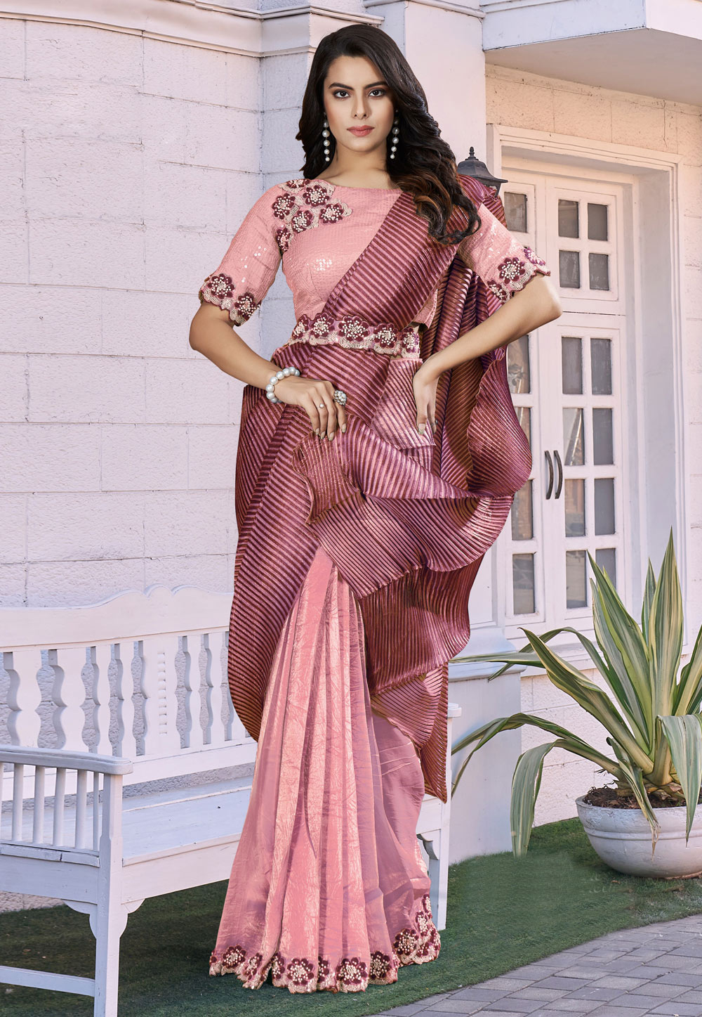 Pink Crepe Lehenga Saree 311308