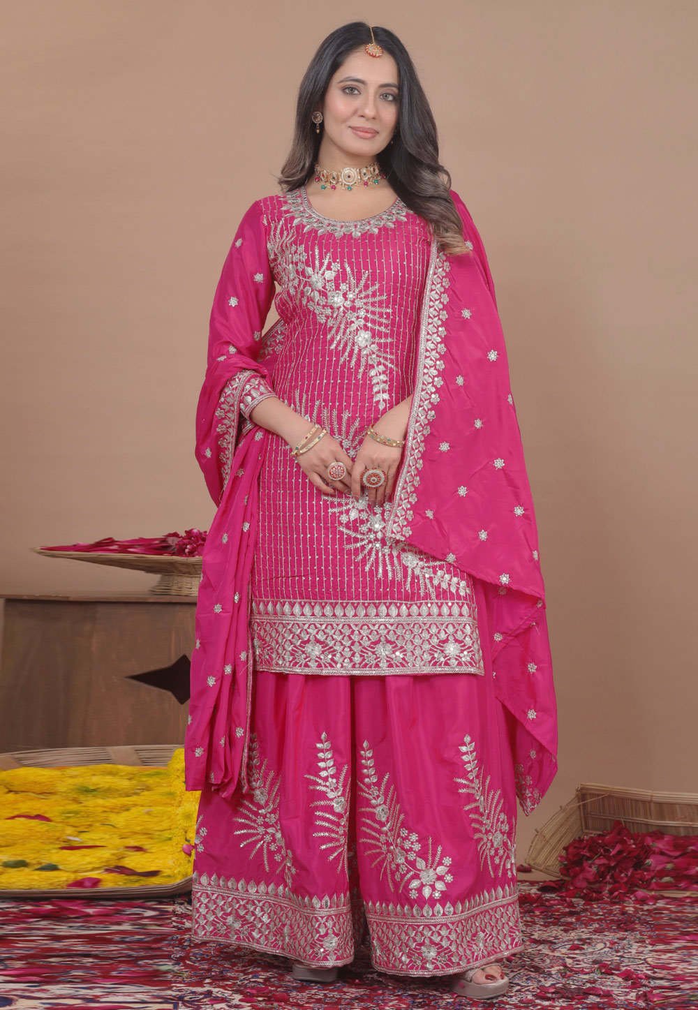 Pink Crepe Readymade Pakistani Suit 325348
