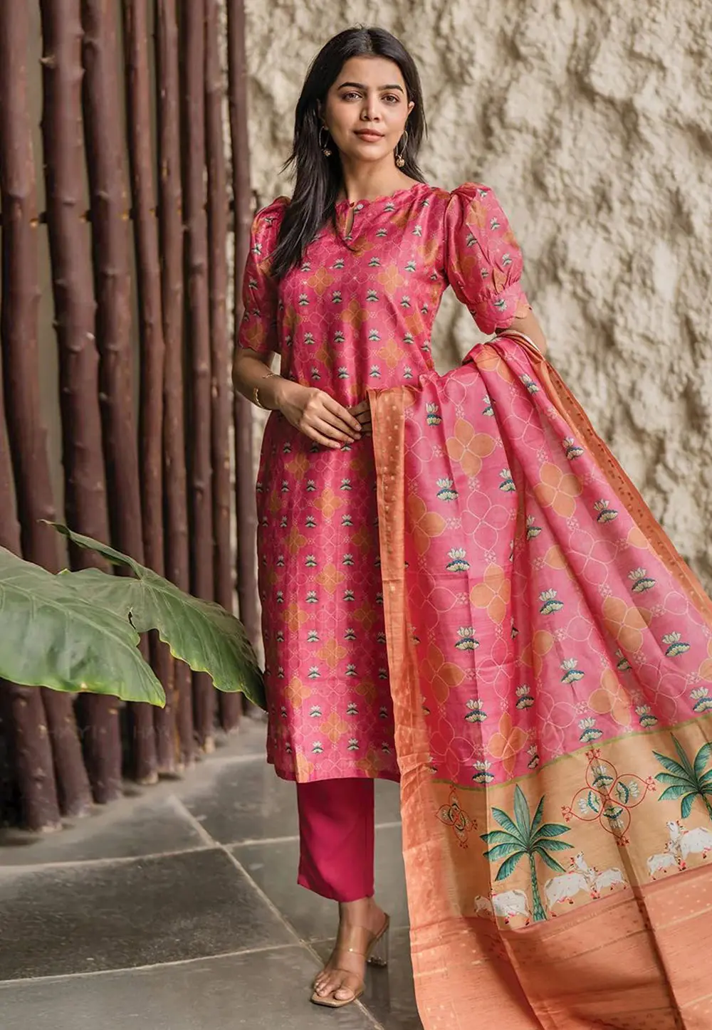 Pink Crepe Readymade Pant Style Suit 331886
