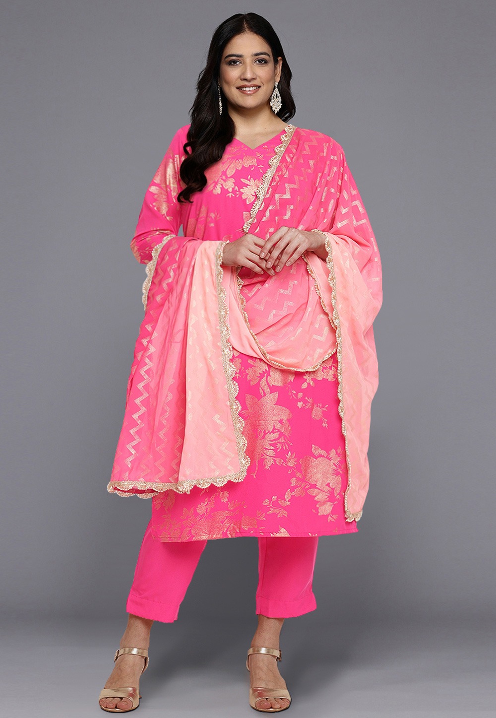Pink Crepe Readymade Pant Style Suit 308892