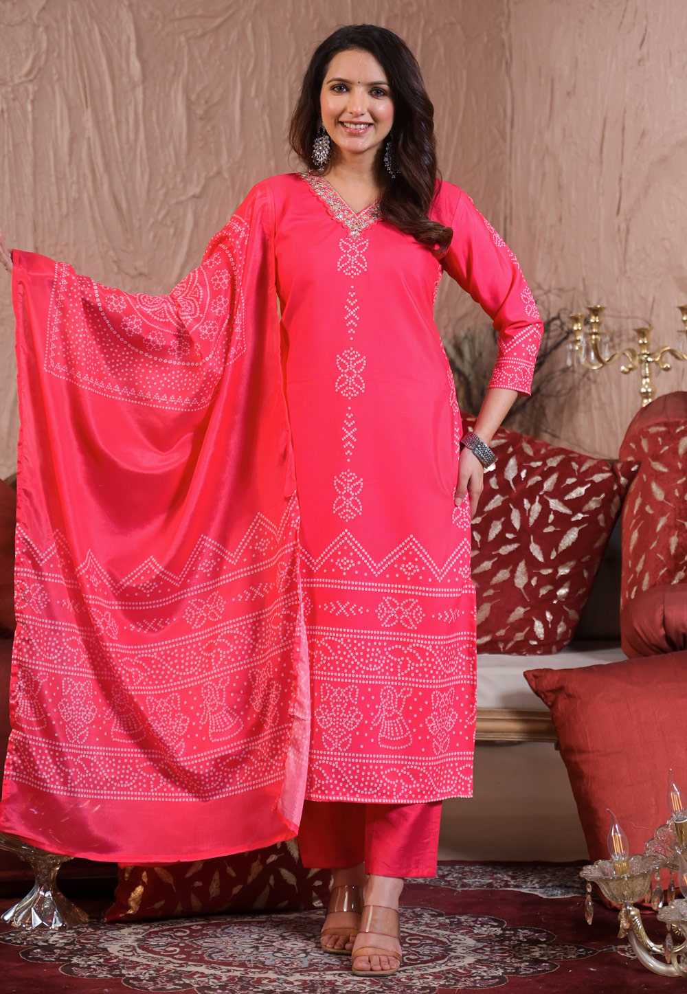 Pink Crepe Readymade Pant Style Suit 308042