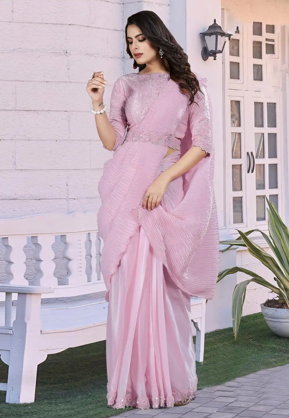 Pink Crepe Saree With Blouse 311311