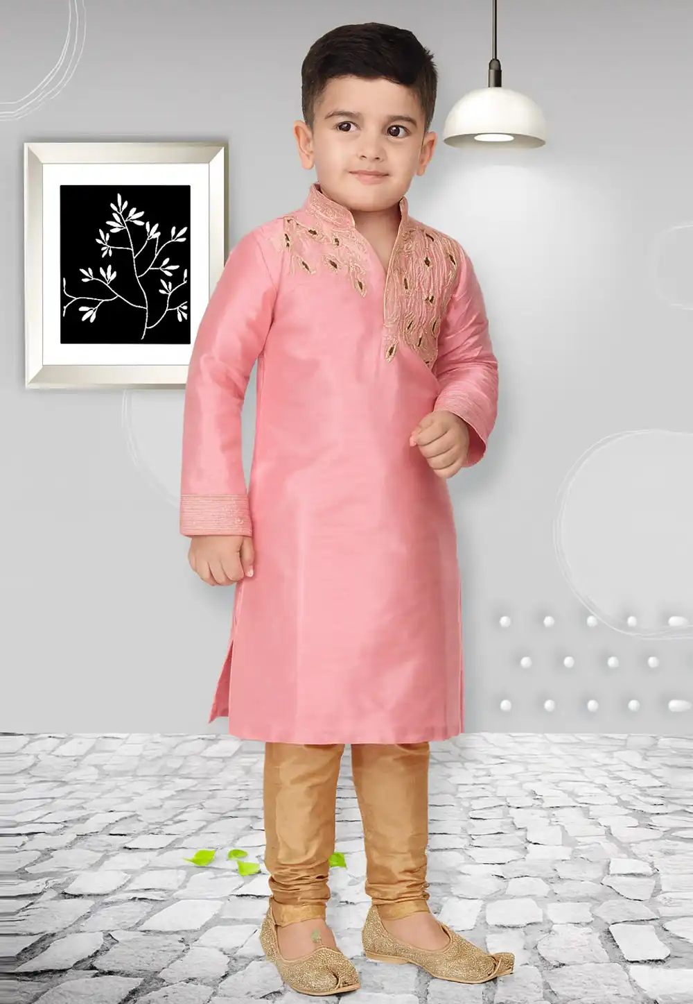 Pink Dupion Silk Kids Kurta Pajama 320829